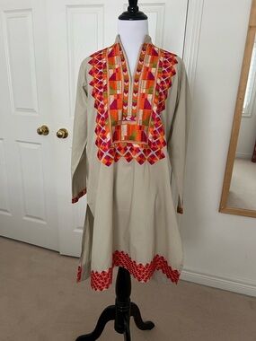KHAADI Embroidered Tunic Dress in Cream with Vibrant Orange-Pink Trim